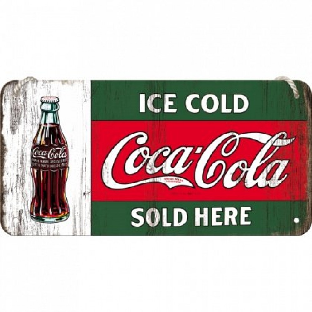 Placa metalica cu snur - Coca-Cola Ice Cold - 10x20 cm